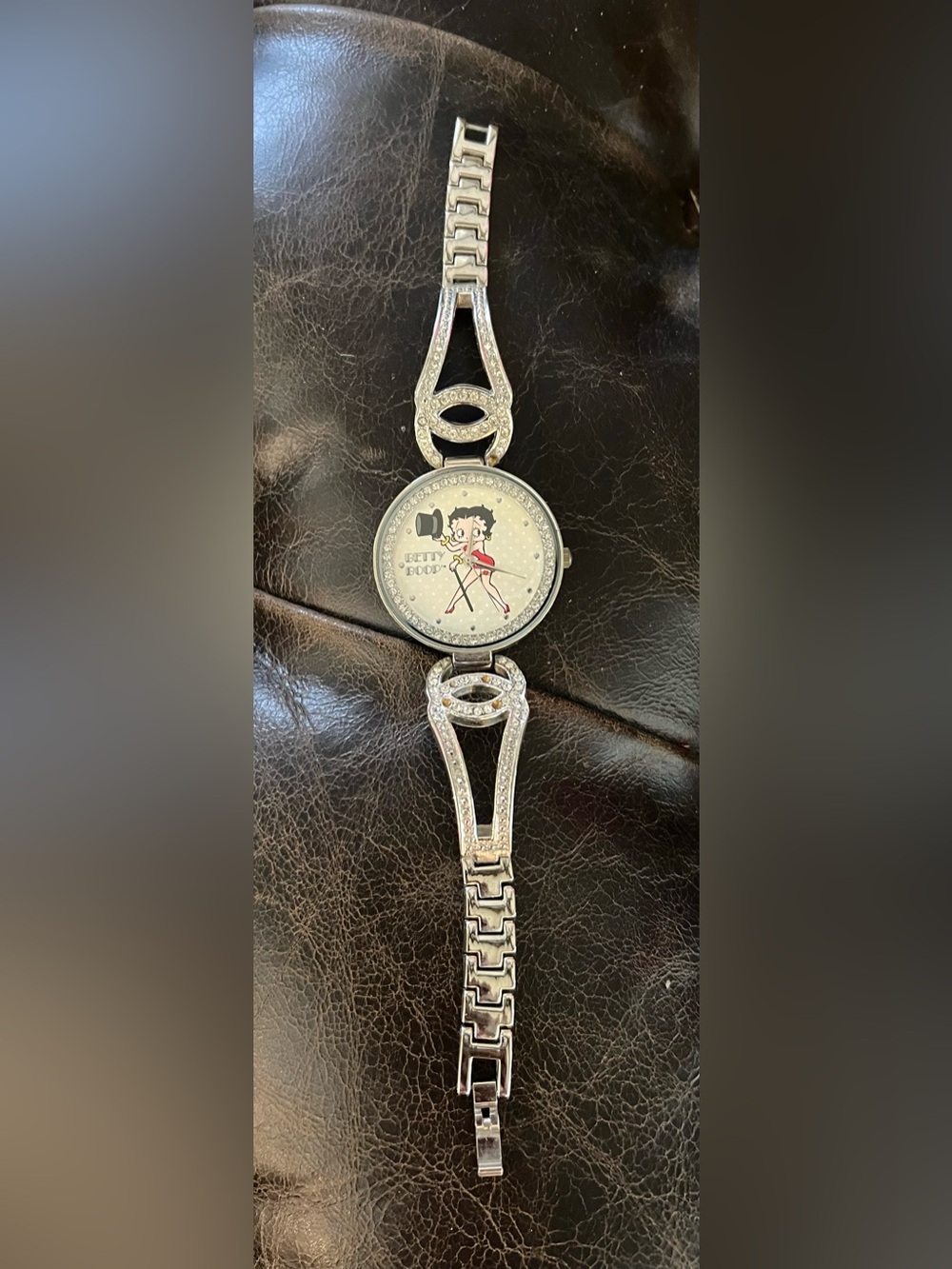 Vintage Betty Boop Rhinestone Bracelet Watch Silver Tone Needs Battery